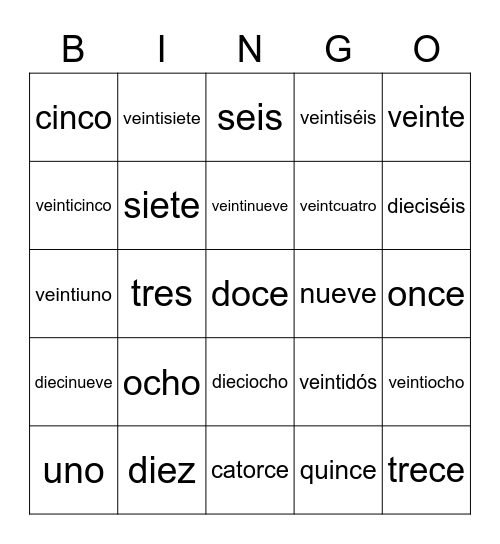 Numeros 0-30 Bingo Card