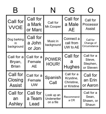POWER HOUR! BINGO Card