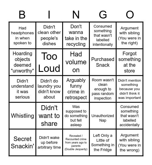 "Why You're in Trouble" O'Dell Child Bingo Card