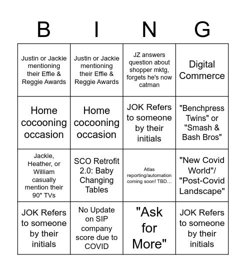 Team Meeting Aug 2020 Bingo Card