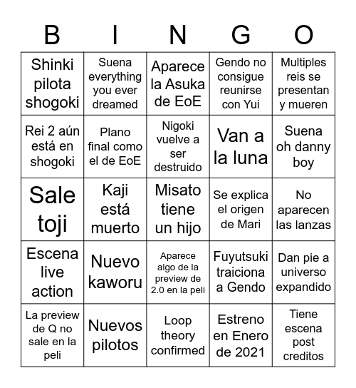 Eva 3.0+1.0 Bingo Card