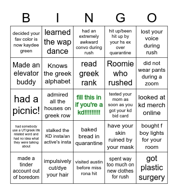 KD Bid Day 2020 Bingo Card