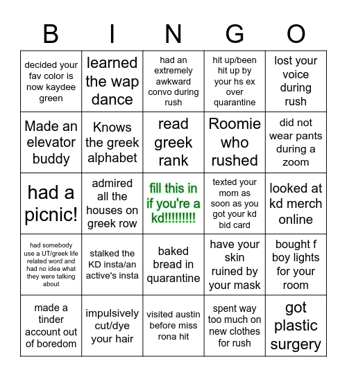 KD Bid Day 2020 Bingo Card