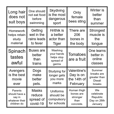 Facts vs Opinions Bingo Card