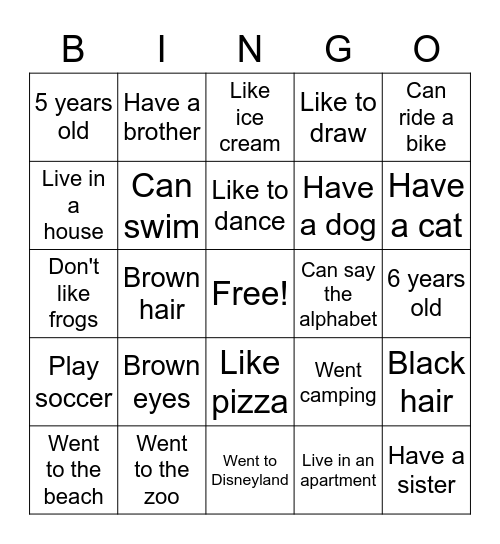 About Me! Bingo Card