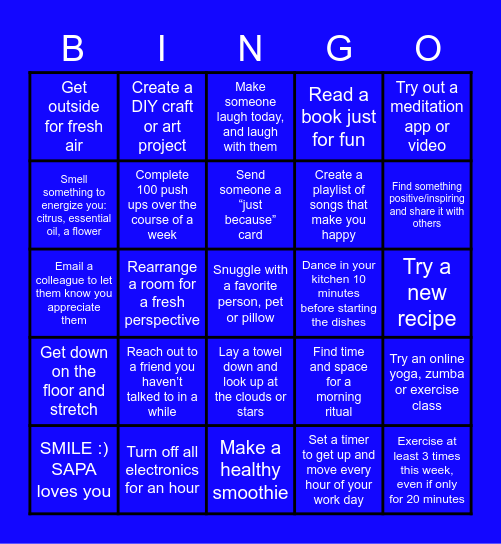 Health And Fitness Bingo Card