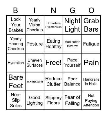 Fall Prevention BINGO Card
