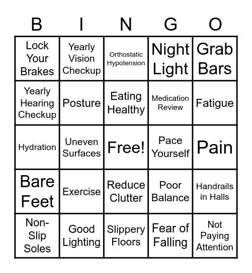 Fall Prevention BINGO Card