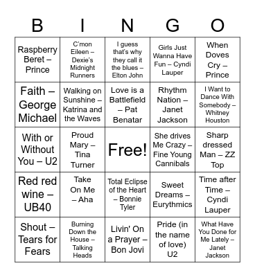 Spotify Bingo- 80s Round Bingo Card