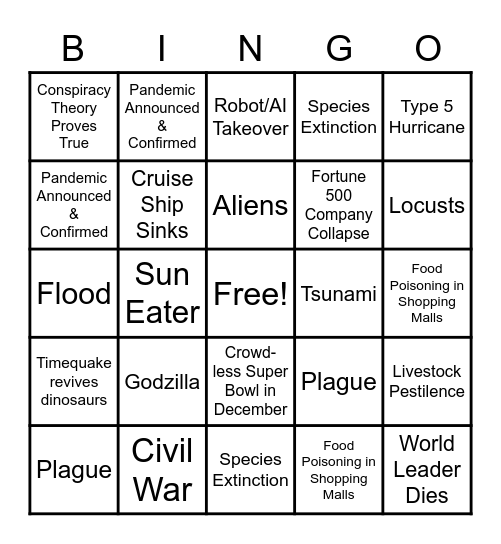 2020 Apocalypse Bingo Card