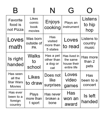 Middle School Bingo Card