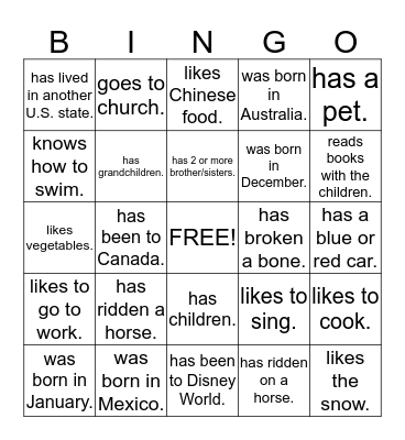 Human Bingo. Find someone who......... Bingo Card