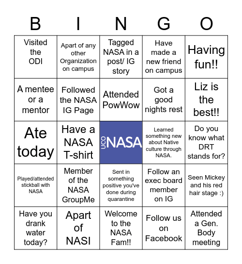 UCO NASA BINGO EDITION Bingo Card