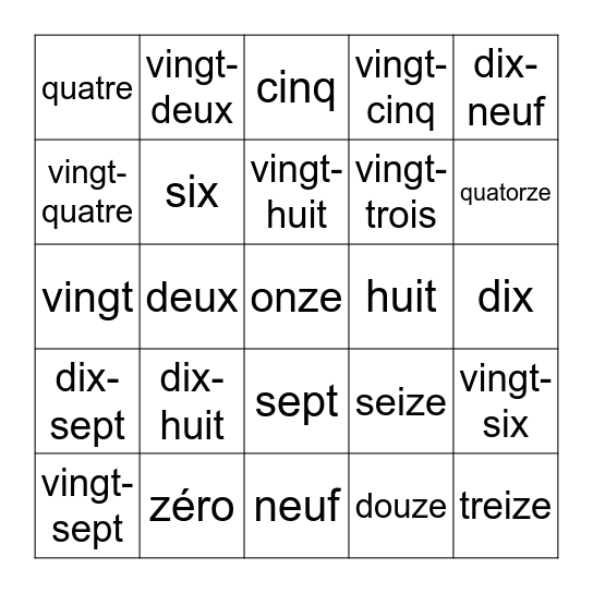 Le Nombres Bingo Card