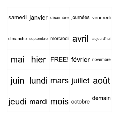 Le Journées et Mois Bingo Card