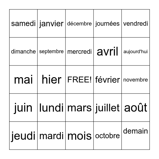 Le Journées et Mois Bingo Card