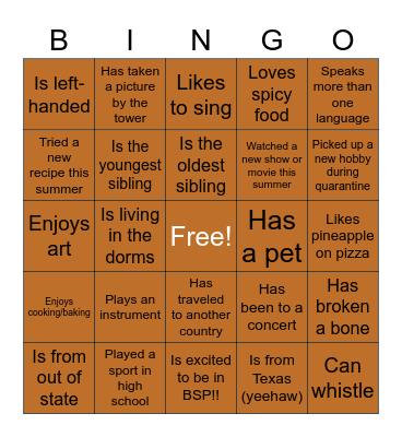 Get to Know You Bingo! Bingo Card