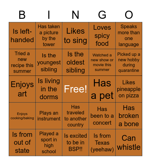 Get to Know You Bingo! Bingo Card