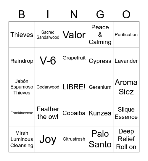 YL Oils Bingo Card