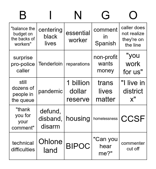 Budget and Appropriations Committee Bingo Card