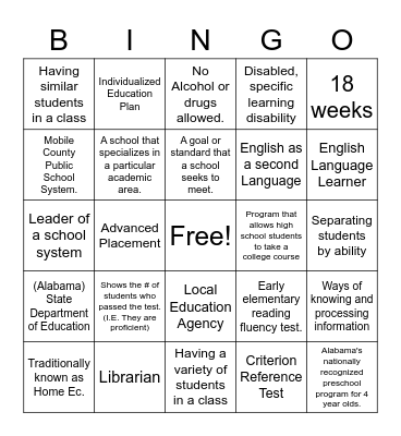 Educanese Bingo Card