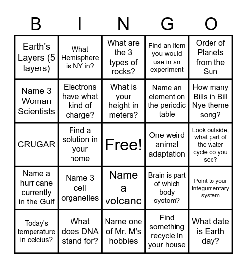 Science BINGO Card