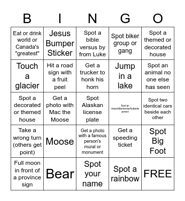 ROAD TRIP 2020 Bingo Card