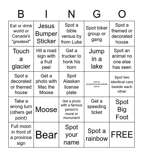 ROAD TRIP 2020 Bingo Card