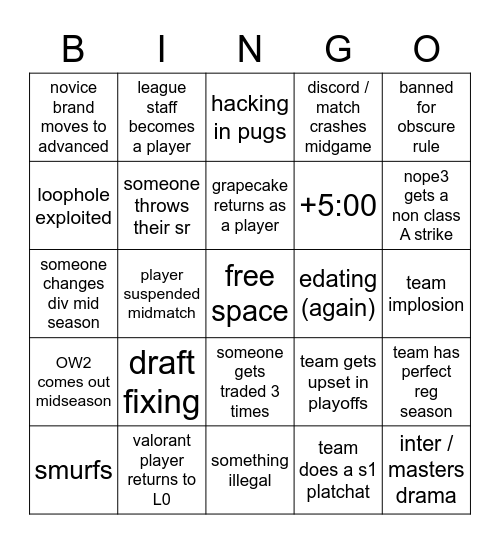 the official unofficial league zero bingo Card