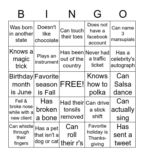 Partner Search Bingo Card