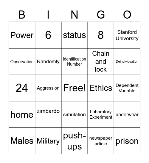 Zimbardo Bingo Card