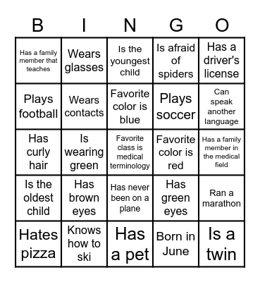 Ice breaker Bingo Card