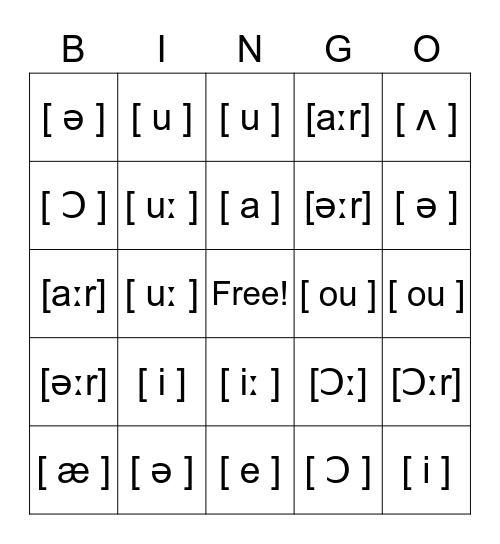 PHONICS Bingo Card