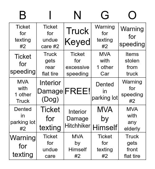 George New Truck Bingo Card