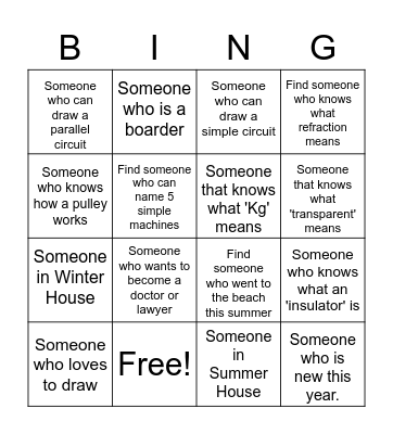 Physics Welcome Bingo Card