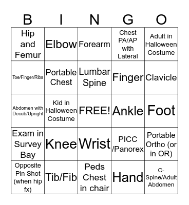 Halloween X-ray Bingo Card