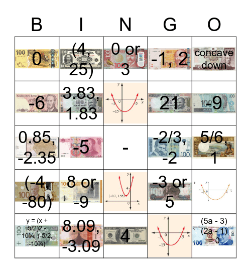 $ Quadratics Bingo $ Bingo Card