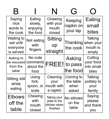 Table Manners Bingo Card