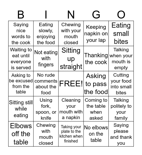 Table Manners Bingo Card