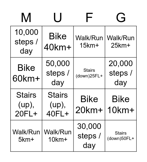 MUFG Fitprints for Good 2020 Bingo Card