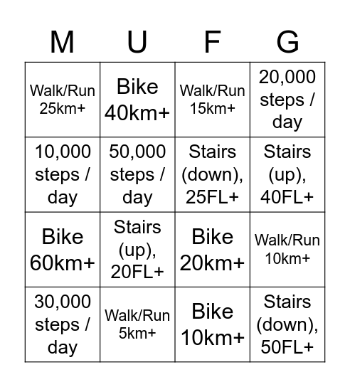 MUFG Fitprints for Good 2020 Bingo Card
