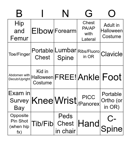 Halloween X-ray Bingo Card