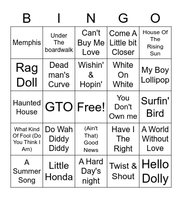 1964 Hits Bingo Card