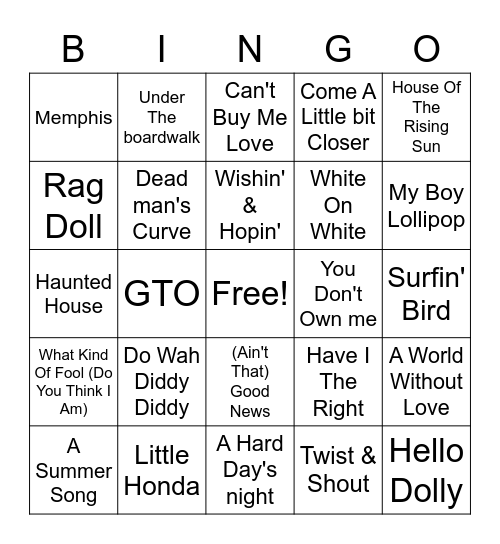 1964 Hits Bingo Card