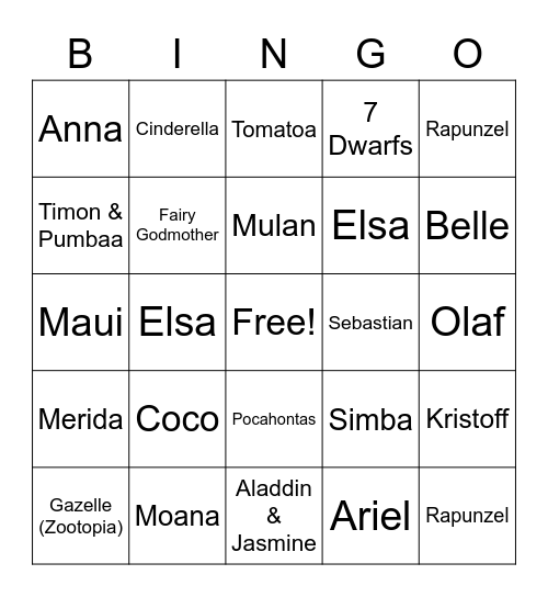 Disney Character Bingo Card