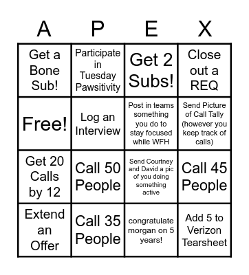 Day 2- Bingo Contest Bingo Card