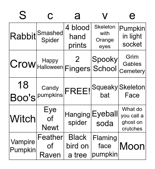 Halloween Scavenger Bingo Card