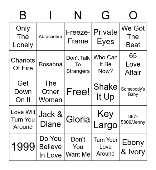 1982 Hits Bingo Card