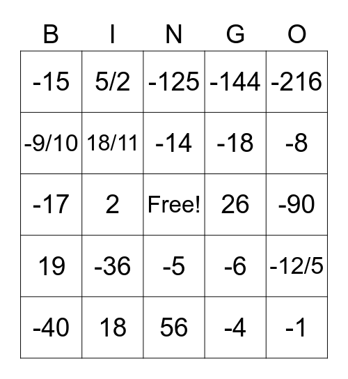Integer Spin Bingo Card