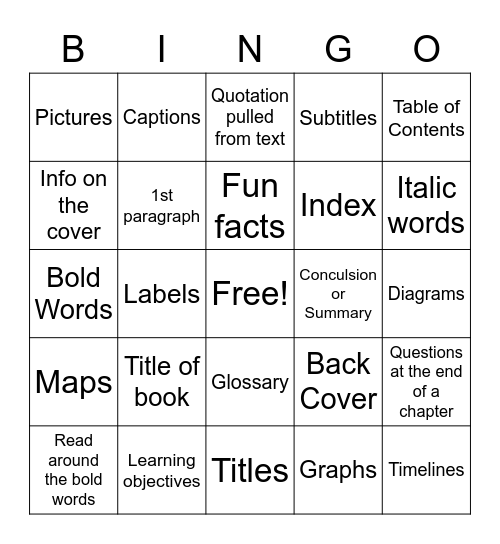 How to Preview Non Fiction Text Bingo Card
